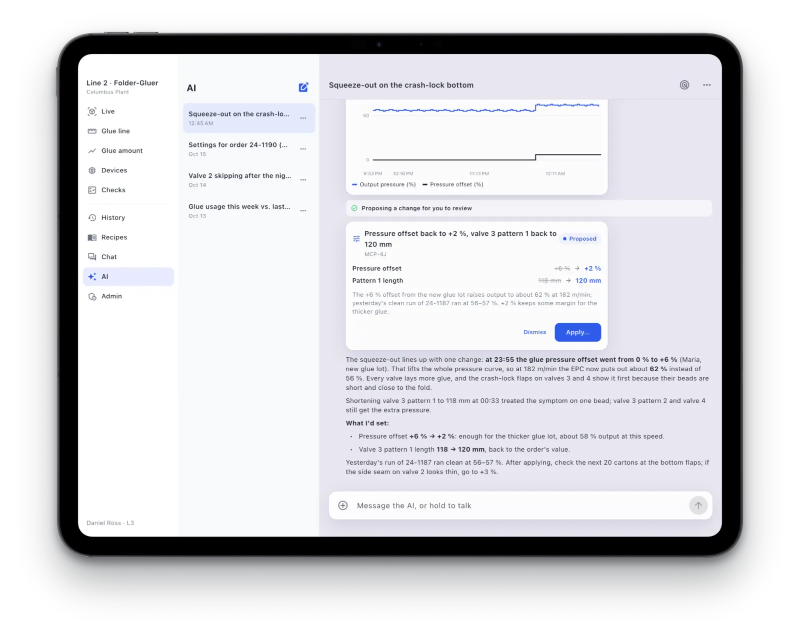 The Spatial Horizon app on iPad: the AI Agent explains a glue problem and proposes a settings change to confirm