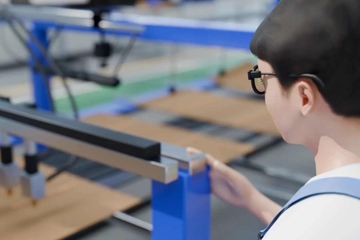 A maintenance engineer at the line wearing smart glasses