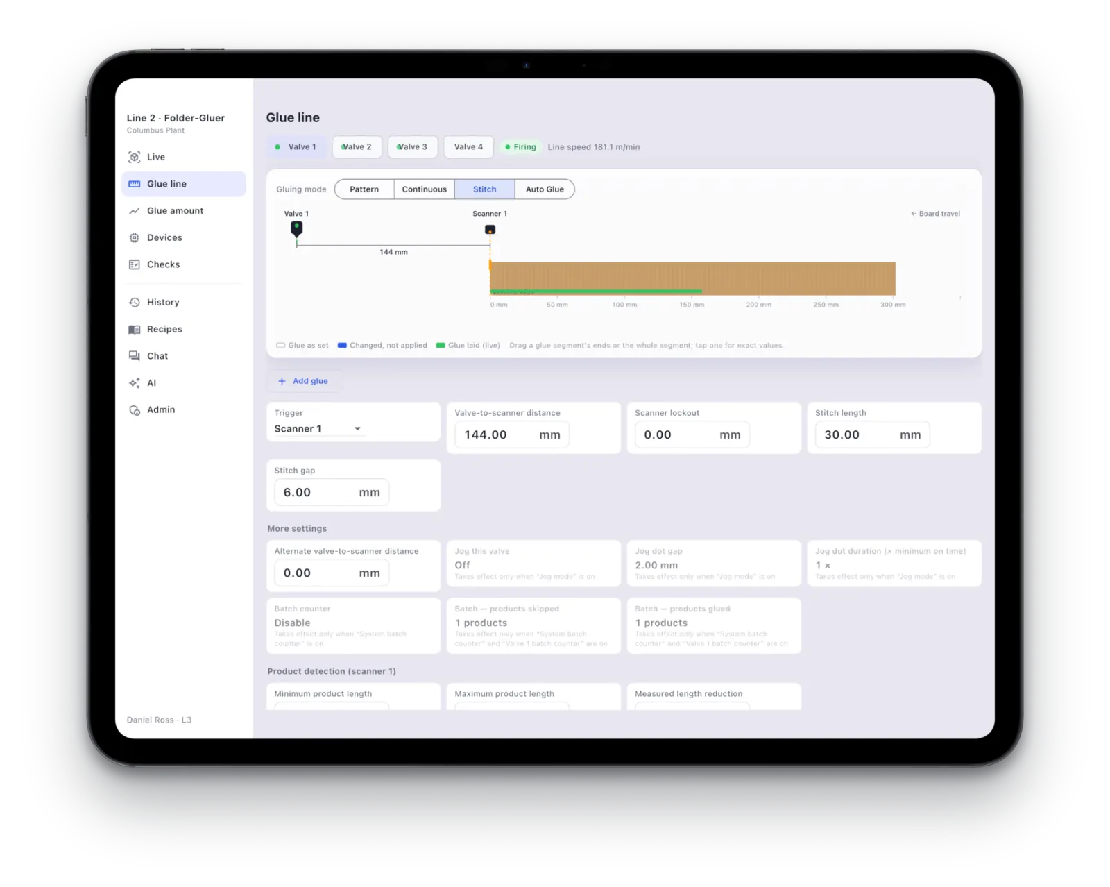 The glue line view in the Spatial Horizon app: valves, patterns and live values