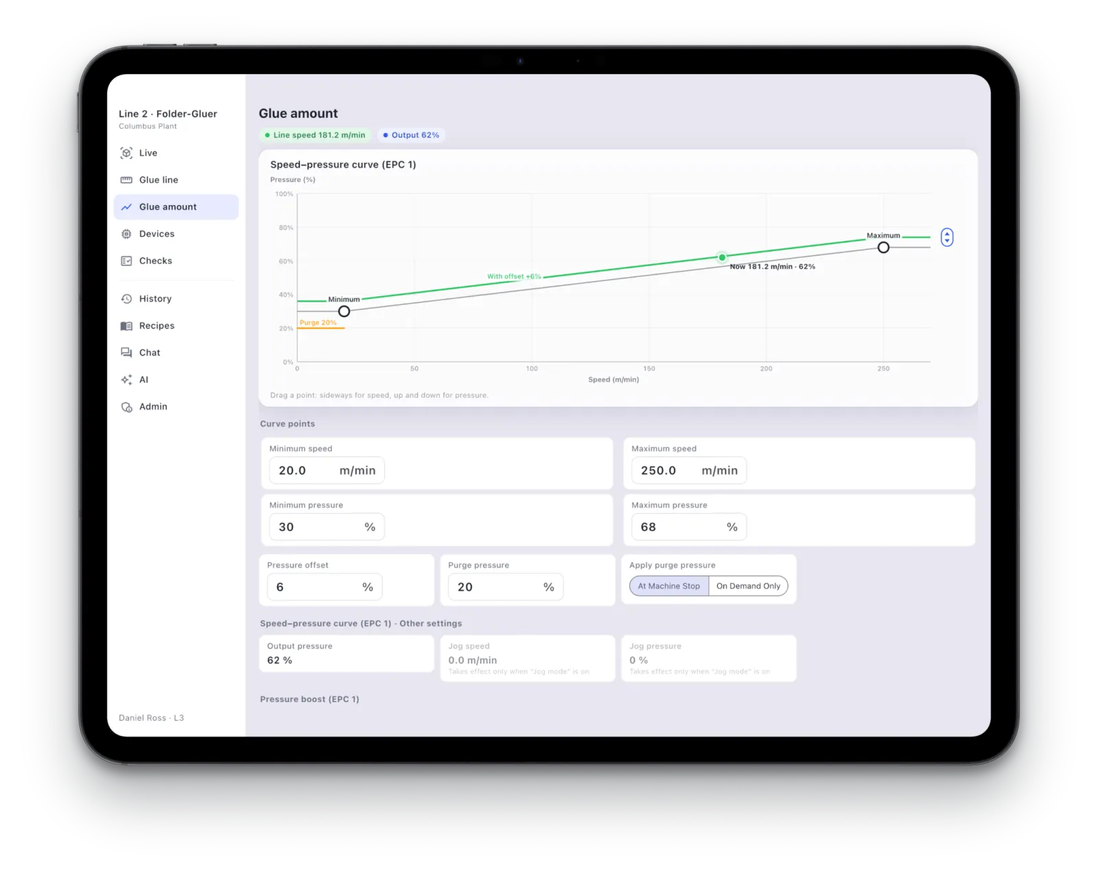 Glue usage per order in the Spatial Horizon app