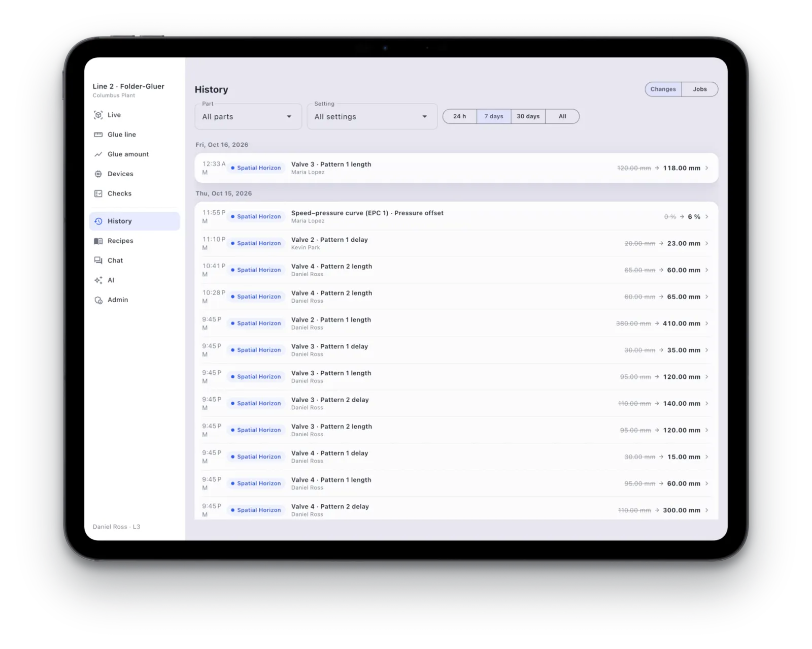 The change history in the Spatial Horizon app