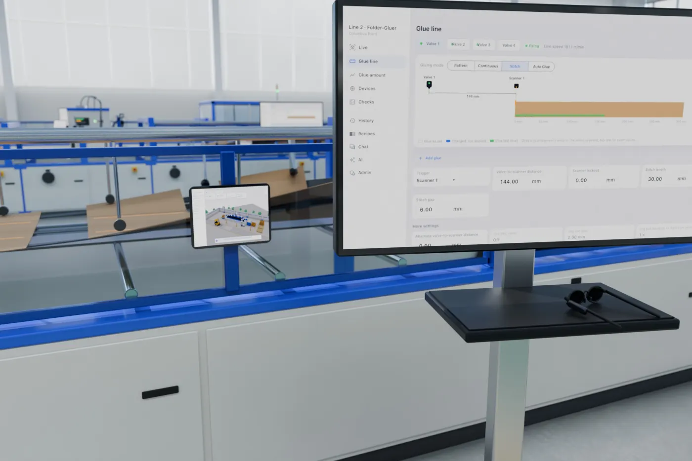 Line-side touchscreen next to a folder-gluer